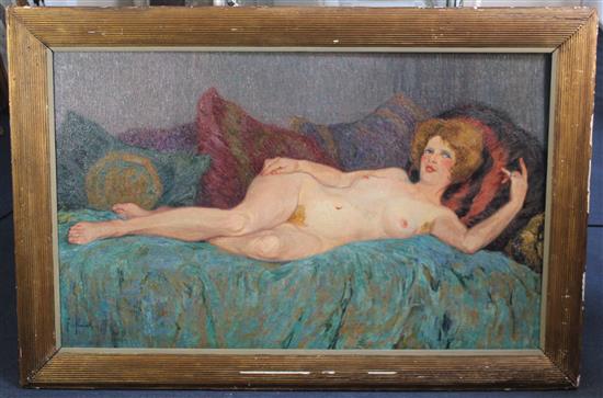 § Fernand Pinal (1881-1958) Female nude reclining upon a day bed, 29 x 46in.